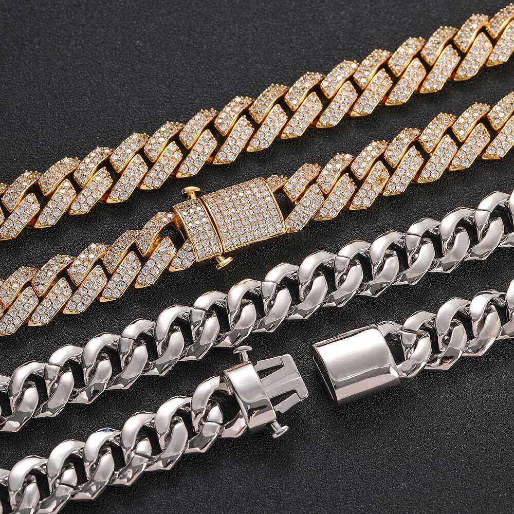 Hip Hop Jewelry 15mm Elastic Buckle Double Row Zircon Dia Cuban Chain Men's Necklace 9a9f