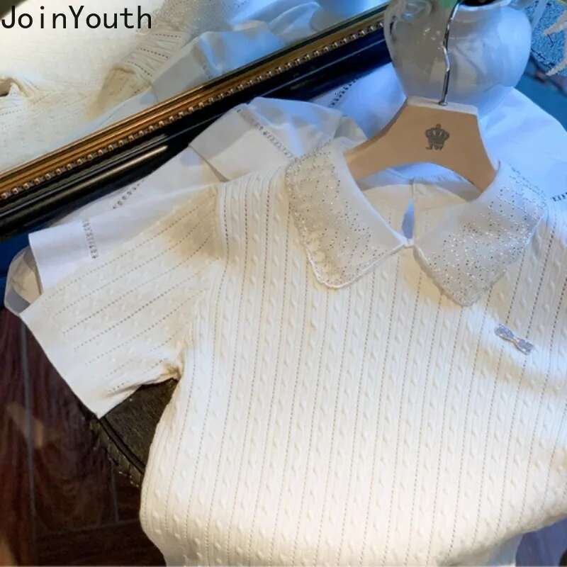 Lace Peter Pan Collar Sweet T Shirts Womens Clothes Chic Vintage Tees Casual Knitted Tshirt Short Sleeve Solid Color Camisetas