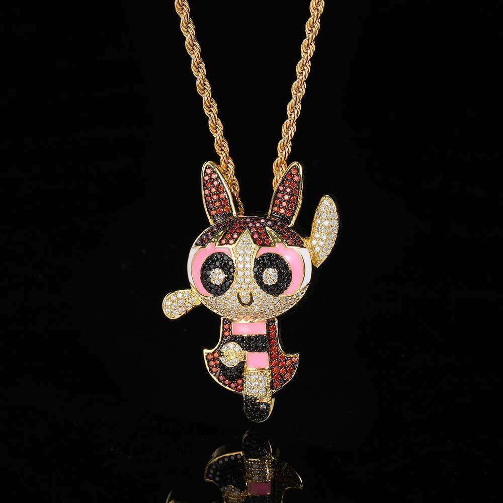 Hip Hop Cartoon Anime Powerpuff Girls Trendy Brand Copper Inlaid Zircon Men's Pendant Necklace d9cb