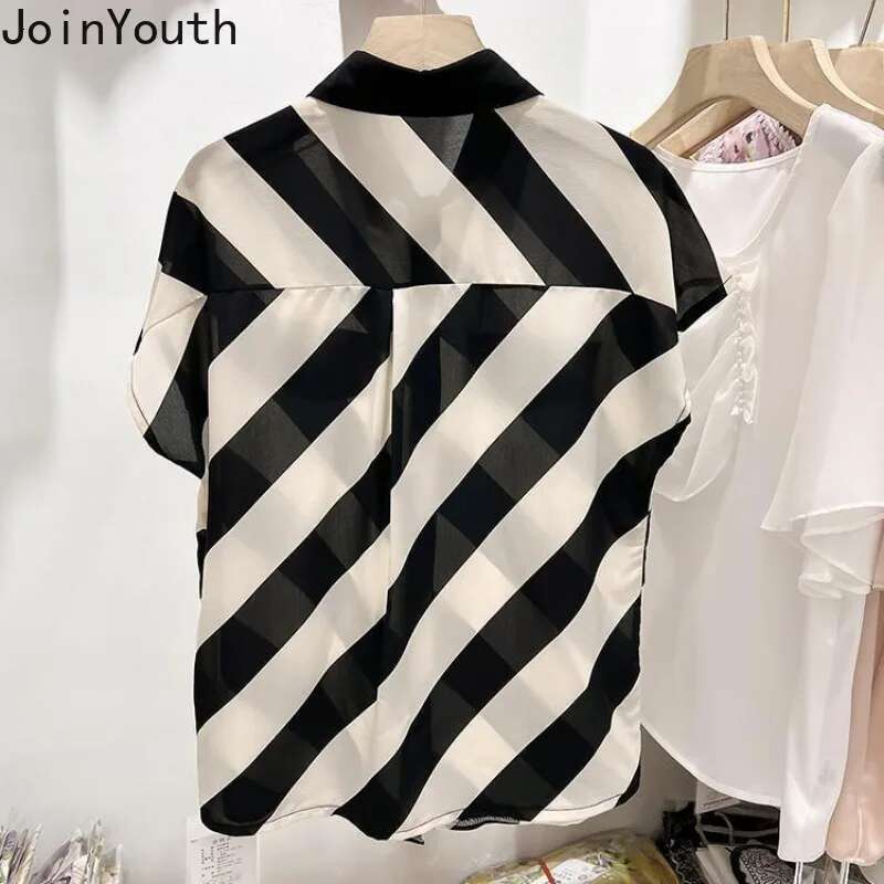 2025 Womenn Clothing Contrast Color Striped Shirts Camisas De Mujer Chiffon Summer Blouses Oversized Tops Vintage Blouse 63e234
