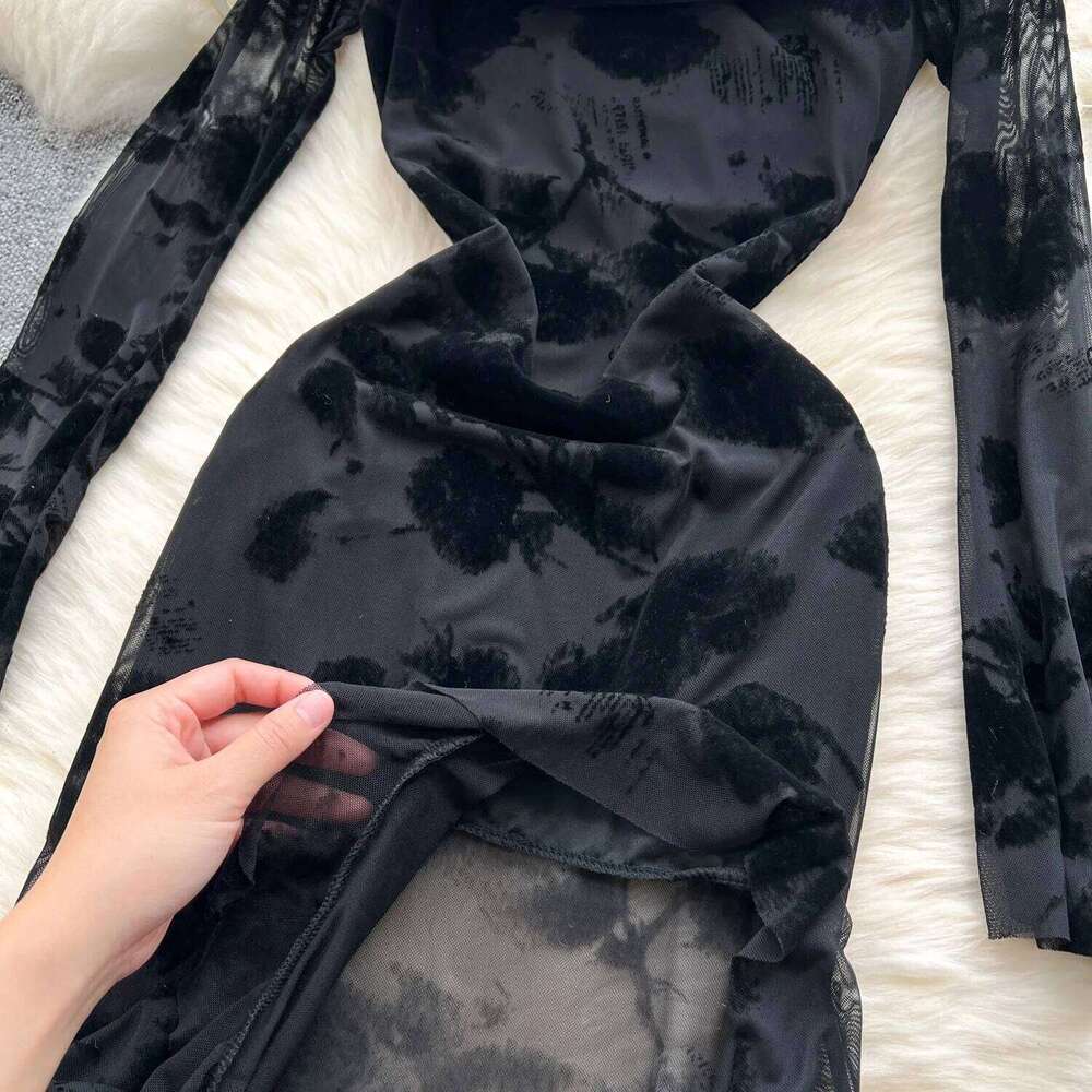 Elegant Sleeves Sexy Slash Neck Chic Pleated Flocking Mesh Split Ruffle Slim Long Dress Evening High Street Autumn Clothing