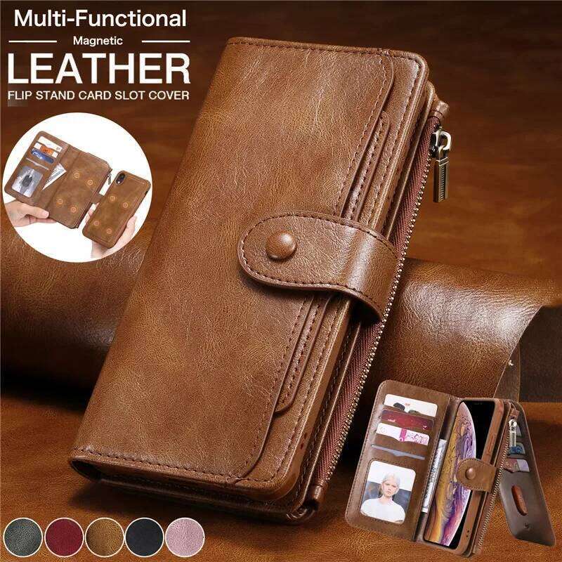 Detachable Magnetic Flip Leather Case for iPhone X XS XR 11 12 13 14 15 16 Pro Max 16E SE 2022 8 7 Plus Zipper Wallet Card Cover