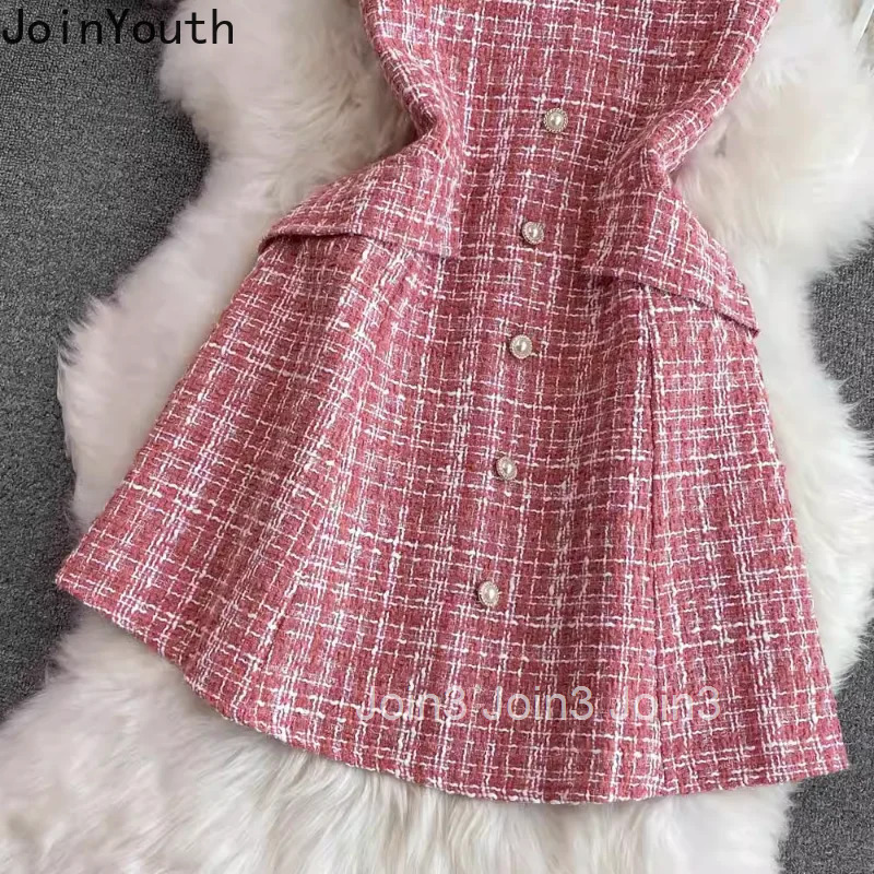 2025 Vestidos De Mujer Korean Dresss for Women Slim Waist Sleeveless Tunic A-line Tweed Robe Femme Vintage Temperament Dress
