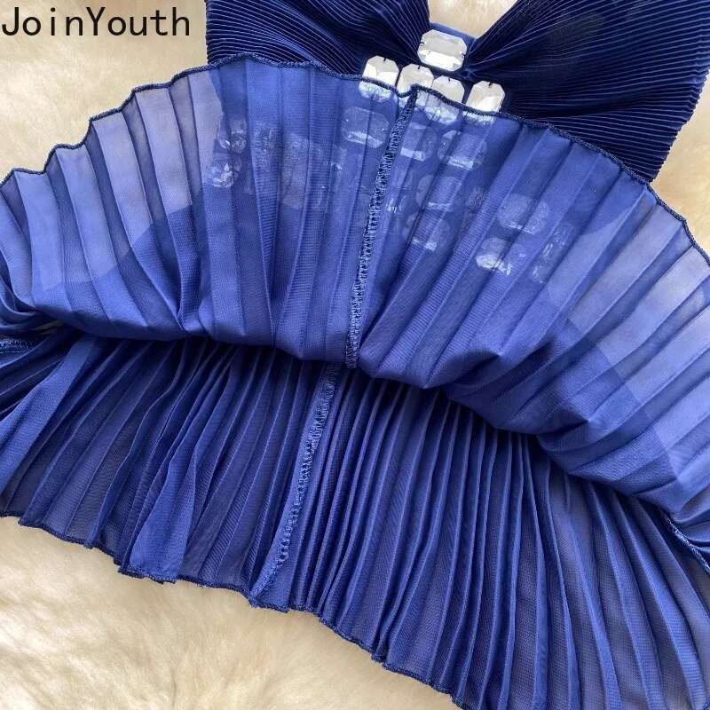 Temperament Vest Womens Clothing Slim Waist Backless Folds Tees Korean Sexy Camis Summer Heavy Diamond Pleated Tanks Ropa Mujer