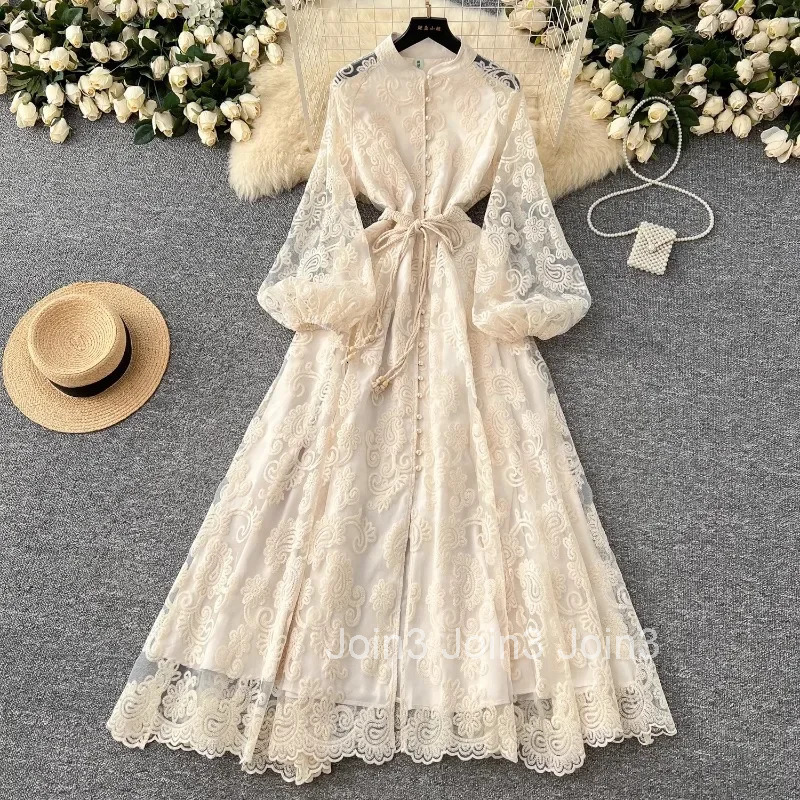 Stand Neck Single Breasted Dress Women Clothing Lantern Sleeve Lace Gauze Maxi Dresses Heavy Embroidery Temperament Robe Femme