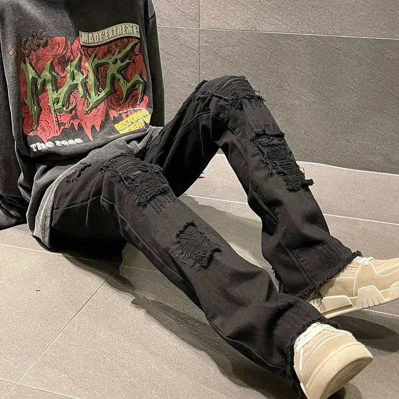 Trousers with Holes Man Cowboy Pants Aesthetic Ripped Mens Jeans Torn Broken Black Straight Trend Loose Cotton Washed Kpop 250617