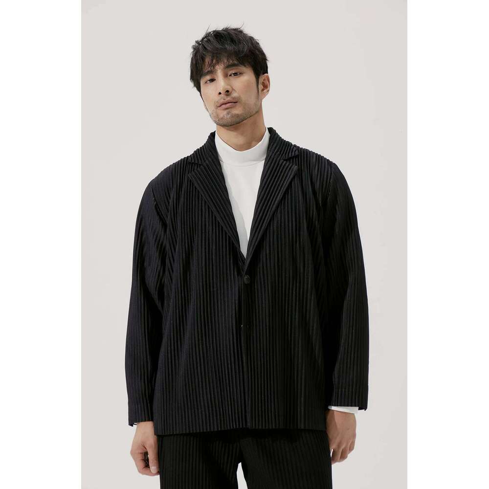 Miyake Pleated Blazer Black Suits For Men High Quality Casual Japanese Style Blazers Stretch Fabric Slim Fit Coat