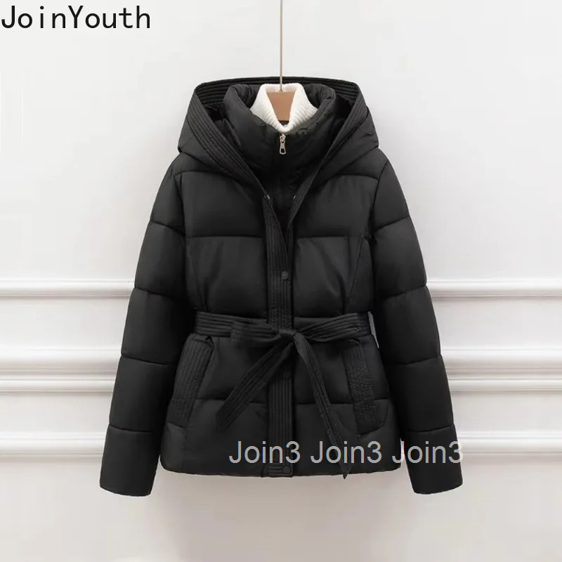 Winter Parkas New Moda Thicked Warm Women Clothing Slim Waist Lace Up Solid Elegant Jackets Tops Casual Vintage Hooded Down Coat
