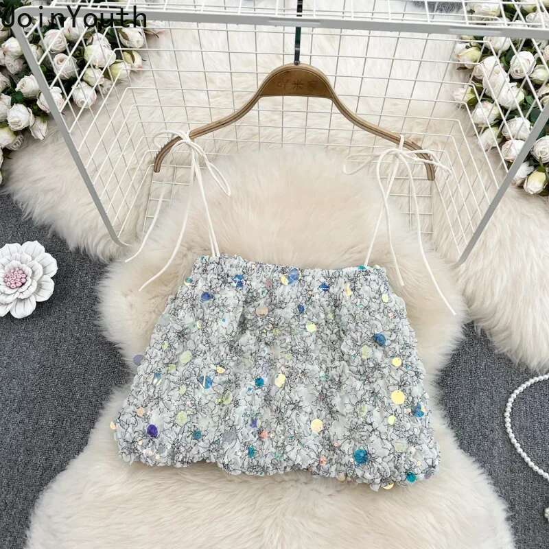 Sexy Crop Tops 2025 Women Clothing Sequin Suspender Vest Female Backless Summer Y2k Top Korean Tanks Fashion Camis Ropa Mujer