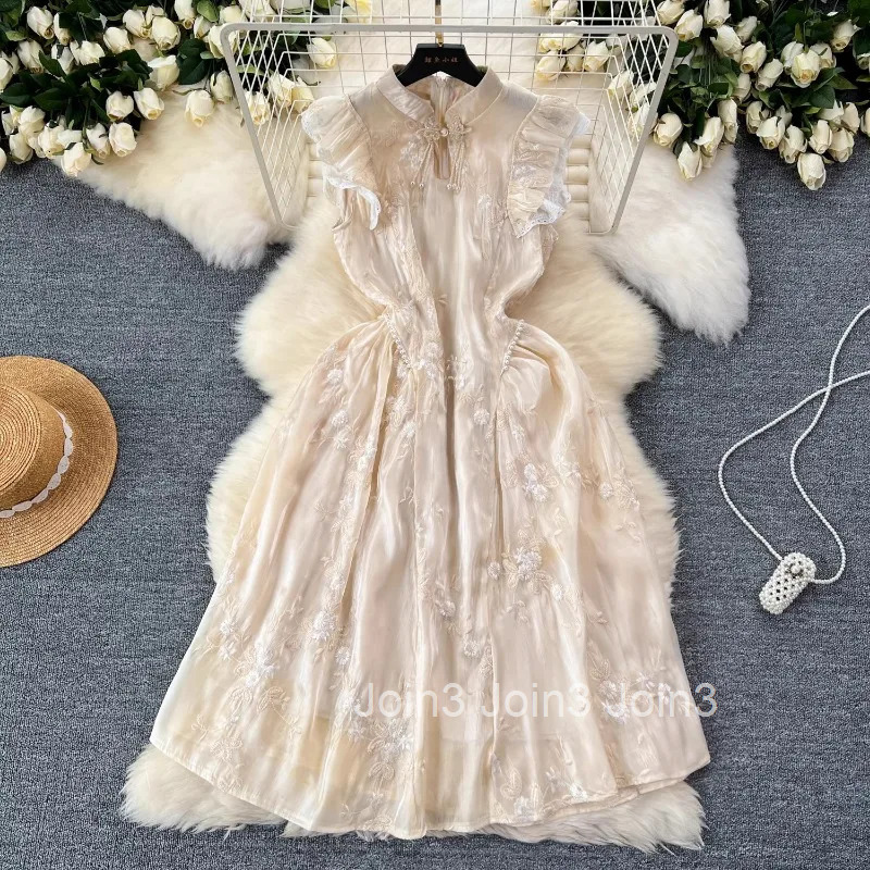 Chinese Style Dress for Women 2024 Vestidos De Mujer Sleeveless Tunic Temperament Robe Femme Beading Embroidery Summer Dresses
