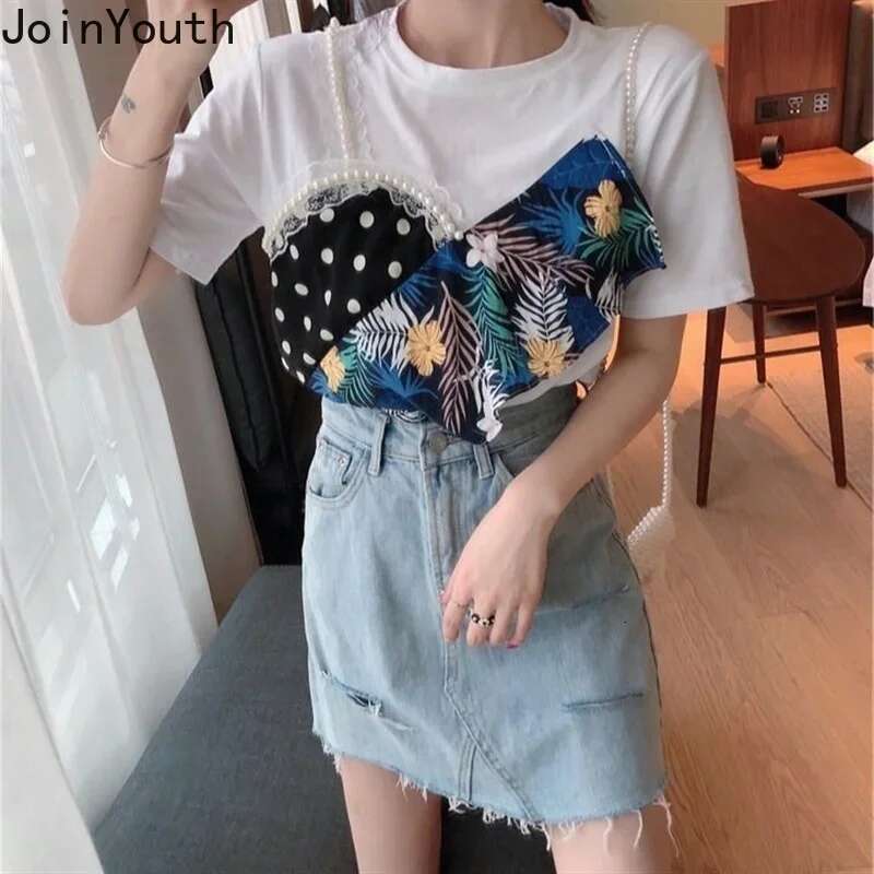 Contrast Color Tshirts for Women Summer Tees Fashion Korean Camisetas Print Beading Casual Tops Short Sleeve Loose Y2k T Shirt