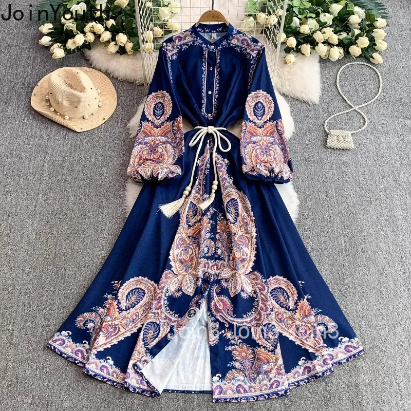 Vintage Womens Dress Stand Neck Lantern Sleeve Slim Waist Floral Robe Femme 2025 Vestidos De Mujer Chic Summer Maxi Dresses