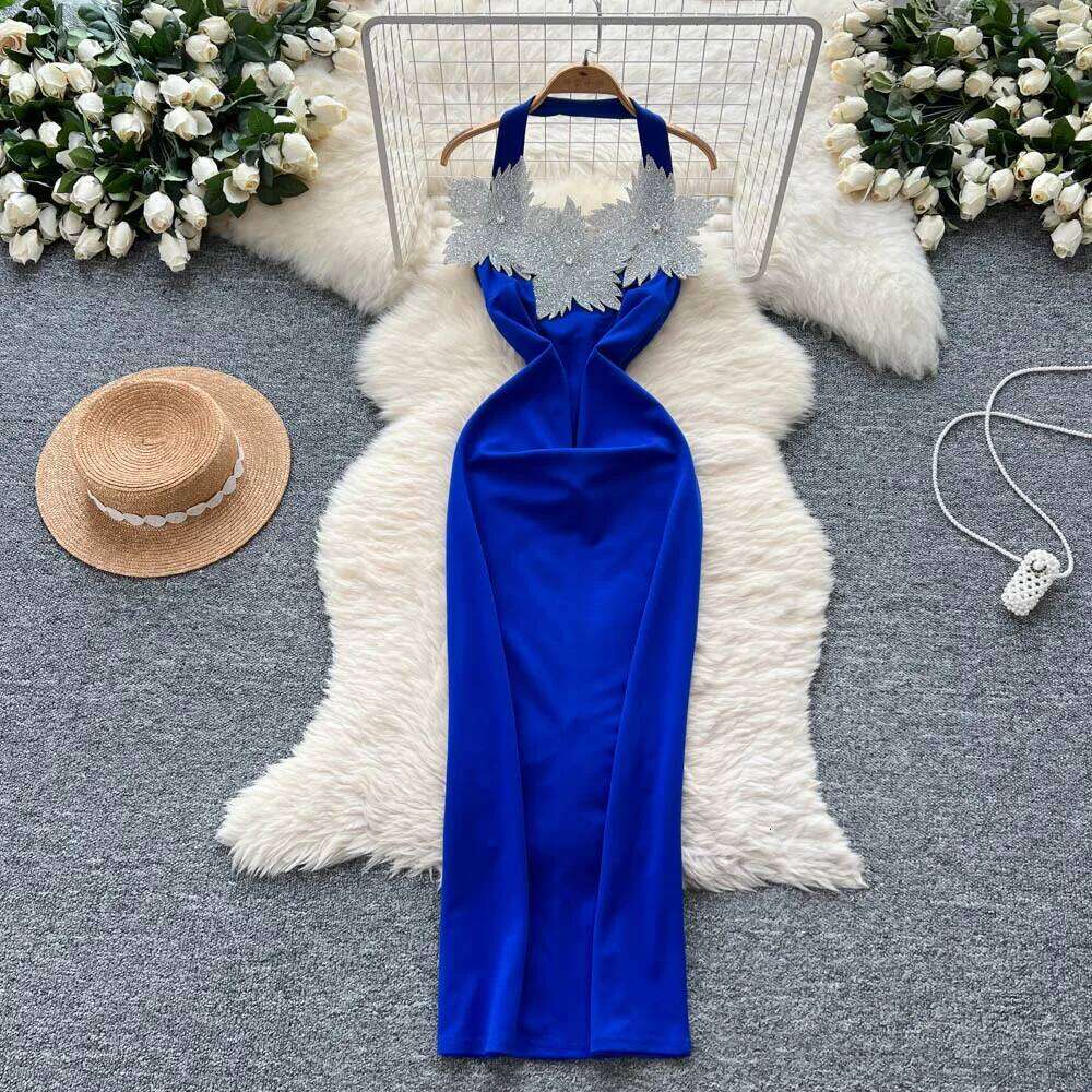 Retro Floral Halter Sleeveless Pleated Elegant Beach Vacation Party Dress Women Summer Vestidos Pencil Dress