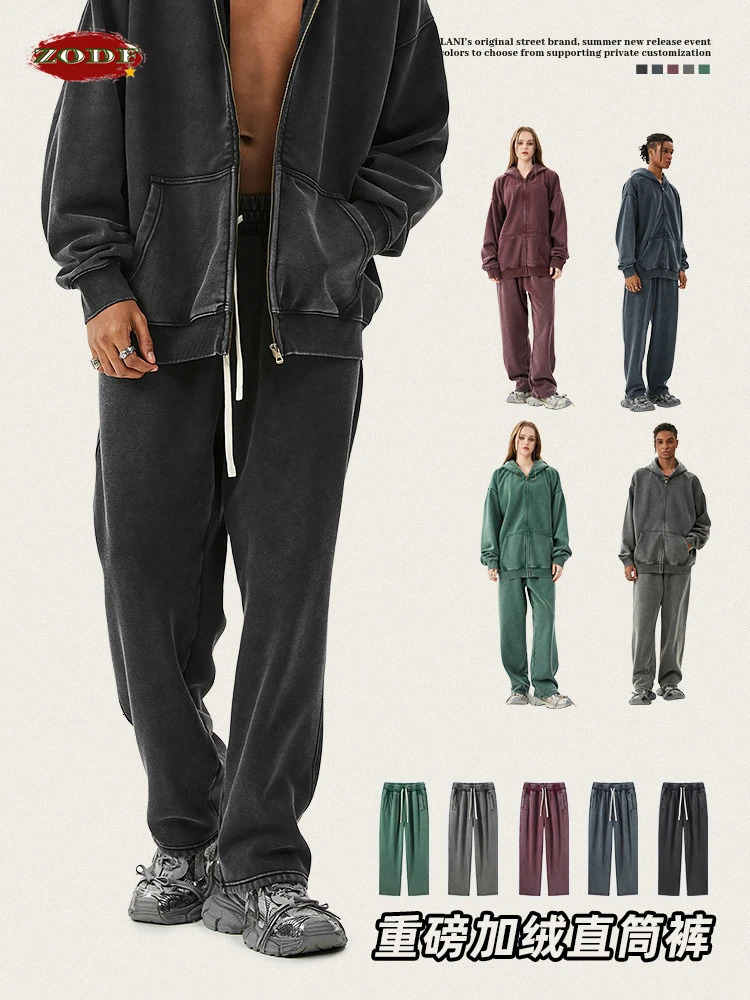 ZODF Winter Men Heavyweight Washed Straight Pants Unisex Distressed 460gsm Thick Warm Fleece Sweatpants Streetwears HY0956 250616