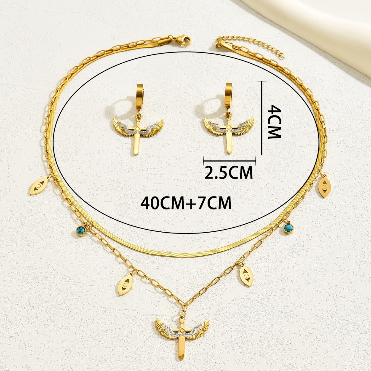 Unique Earrings And Necklace Set With Zircon Inlay, Double Layer Design, Long Clavicle Chain