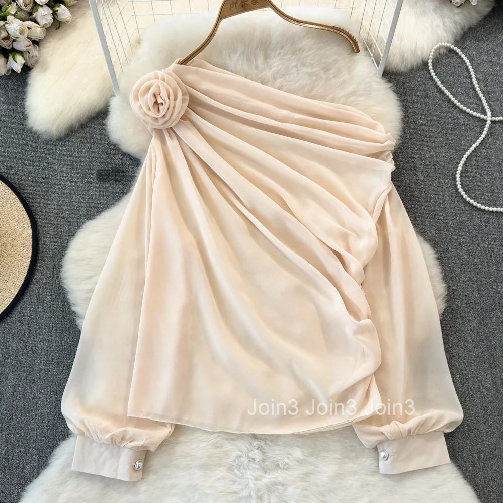 Chiffon Blouse Women 3D Floral Long Sleeve Off Shoulder Shirts 2025 Blusas Mujer De Moda Chic Looe Solid Color Sexy Blouses Tops