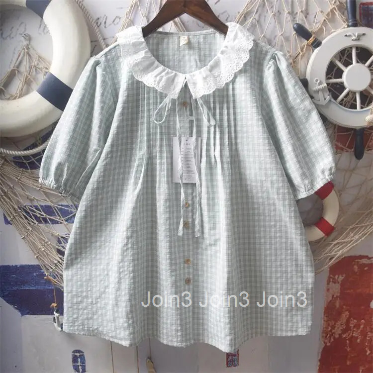 Japanese Blouses for Women Lace Peter Pan Collar Short Sleeve Shirts Loose Summer Bandage Plaid Blouse Tops Camisas De Mujer