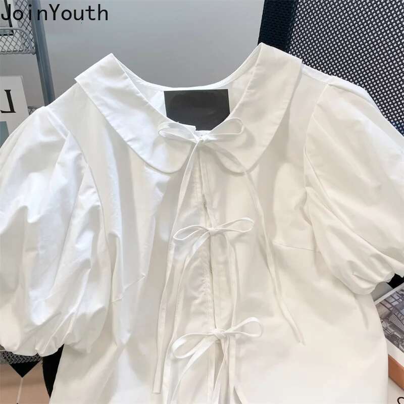 Sweet Blouse Women Bandage Turndown Collar Puff Sleeve White Shirts 2025 Blusas Mujer De Moda Summer Fashion Cute Korean Tops