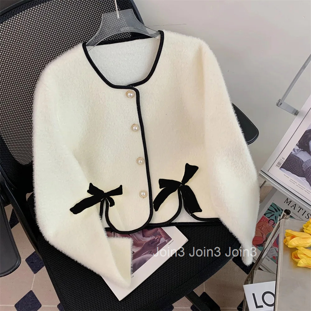 Knitwear Women Cardigan Coat O-neck Long Sleeve Sweet Bow Sueter Mujer Fashion Korean Pull Femme Temperament Cropped Sweater