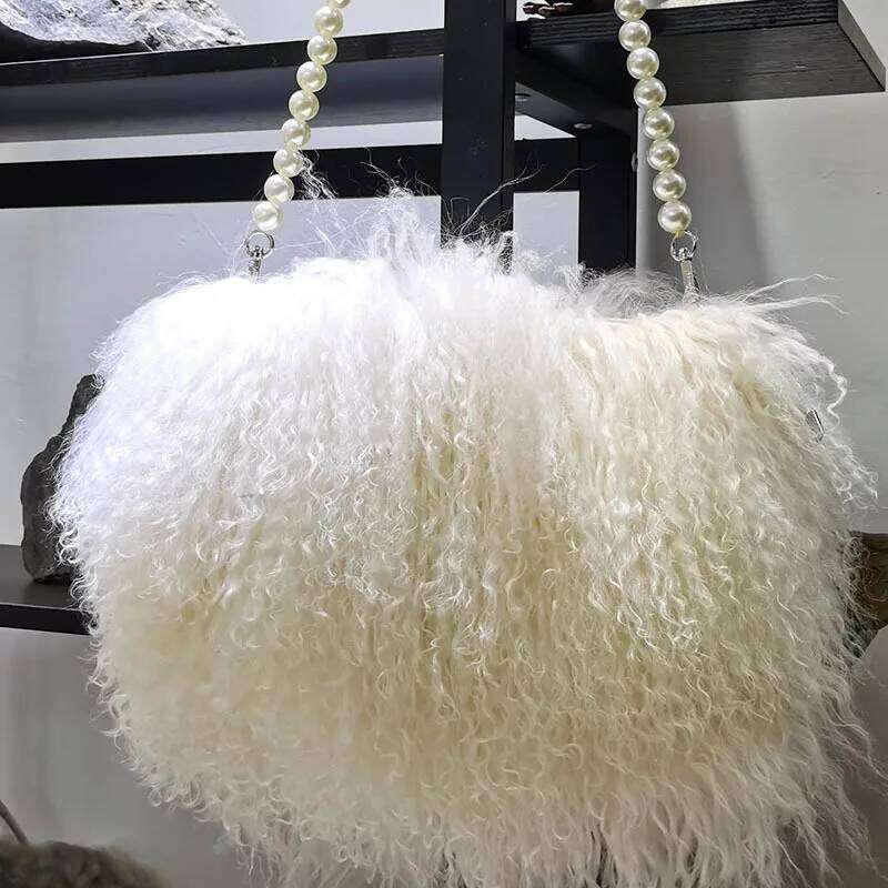High Quality Soft Real Fur Pearl Chain Shoulder For Women Designer Purses And Handbags Women's Party Clutch Crossbody Bag Hi