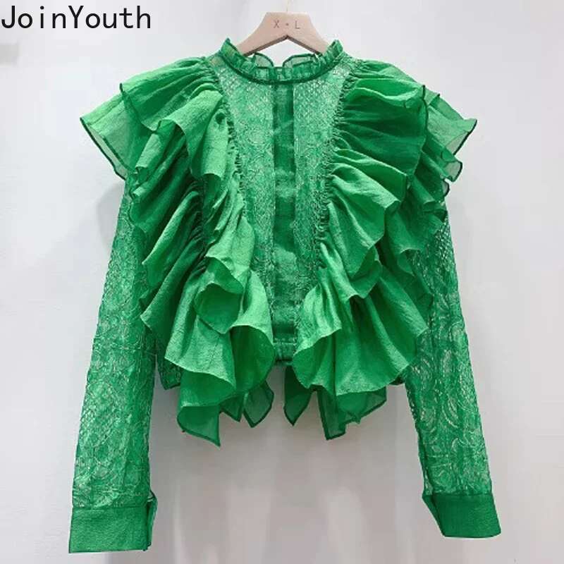 White Blouses Women Clothing 2025 Camisas De Mujer Crop Tops Stand Neck Lace Patchwork Long Sleeve Shirts Hollow Out Chic Blouse