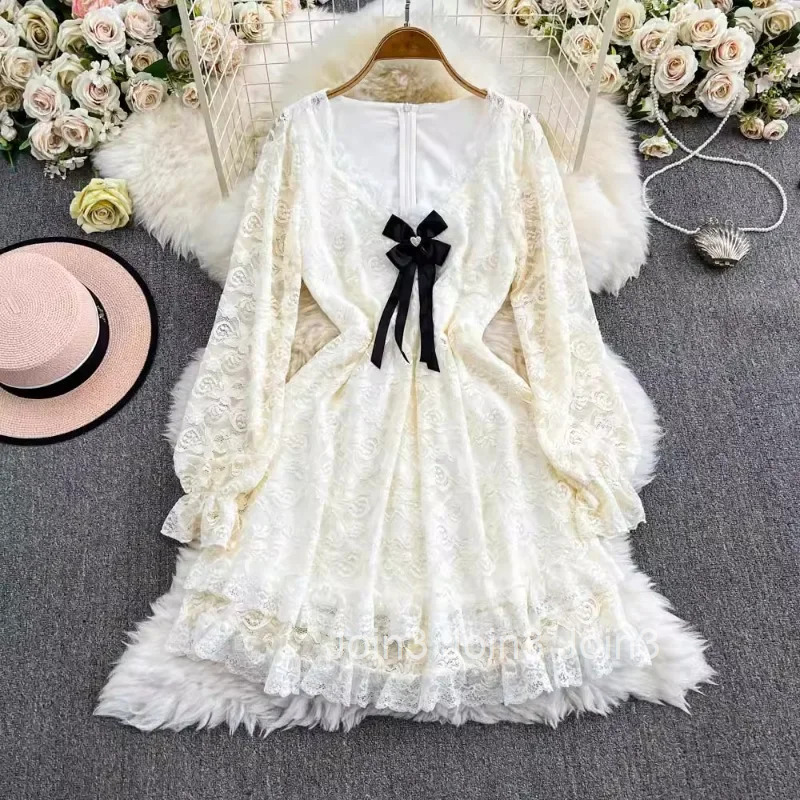 Sweet Woman Dress Slim Waist Slim Fit Korean Robe Femme Patchwork Lace V-neck A-line Temperament Dresses 2025 Vestidos De Mujer