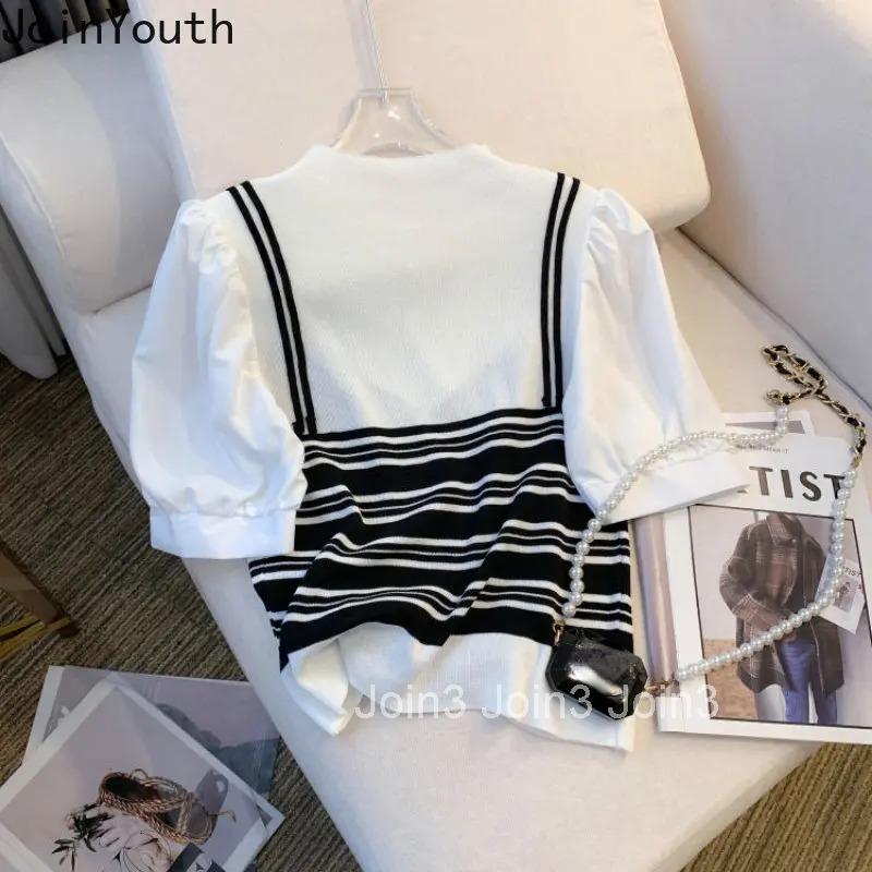 2025 Ropa Mujer Shirts for Women Chic Fake Two Tshirt Patchwork Contrast Color Knitted T Shirts Crop Tops Fashion Summer Tees