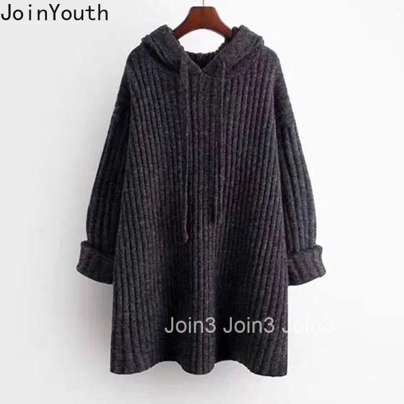 Oversized Pullovers Women Fall Winter Clothing Vintage Korean Jumper Hooded Bandage Sueter Mujer Casual Chic Knitted Sweater