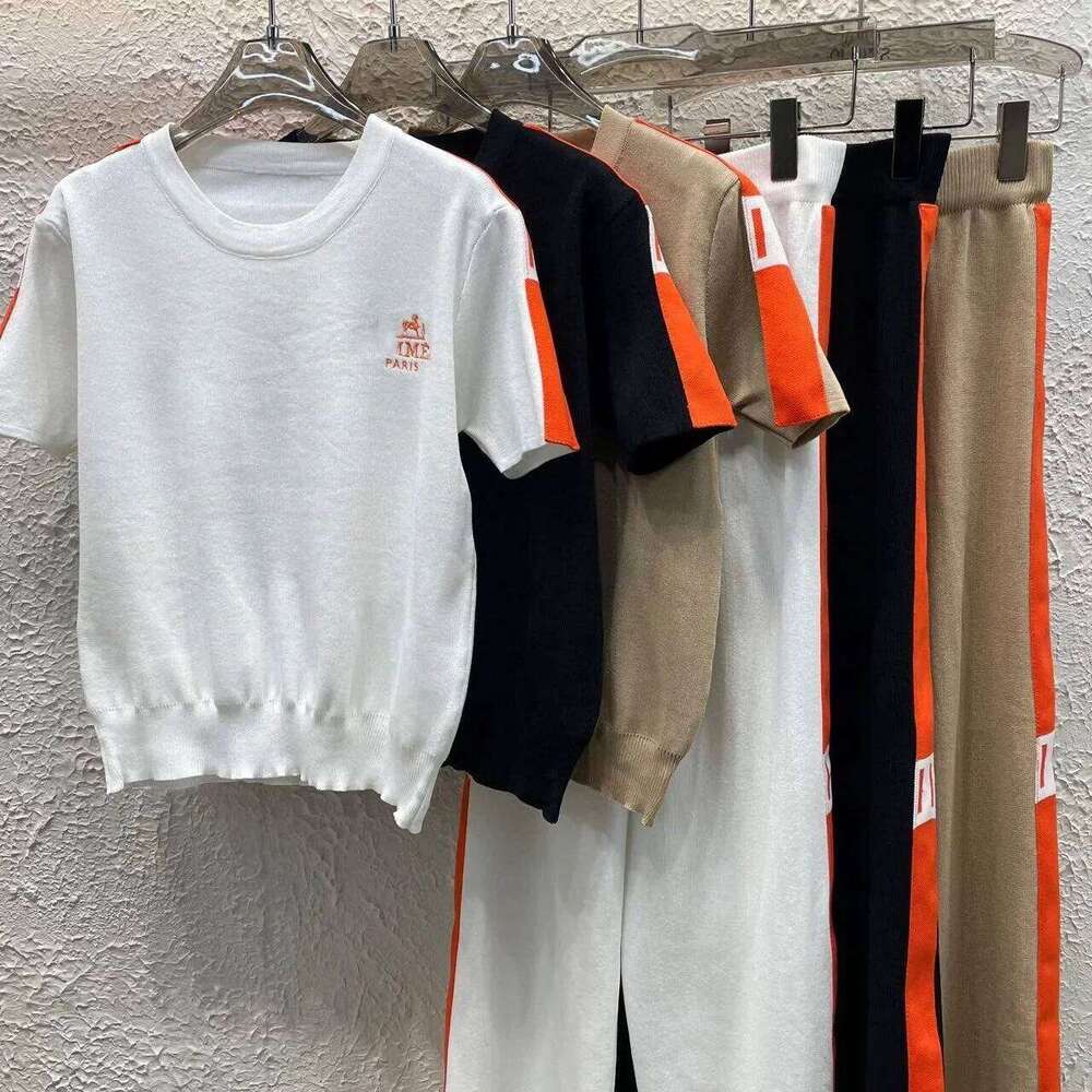 Designer Leisure High Quality Slimming Embroidered Knitted Set High Waist Wide Leg Pants Two Piece Women's Summer Fashion Outfit Imported Europea