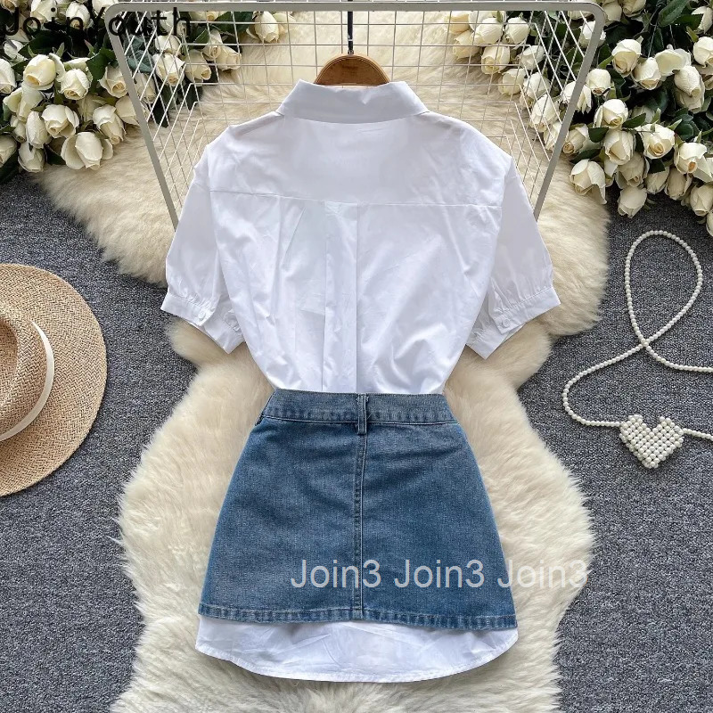 Korean Women Clothing Two Piece Sets Denim Skirt Outfits Folds White Blouses Bodycon Mini Skirts Suit Fashion Casual Summer Set
