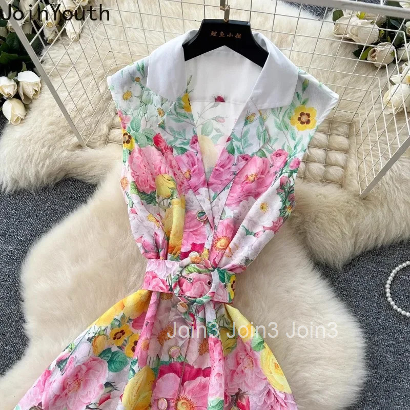 2025 Vestidos De Mujer Summer Dresses Women Clothing Sleeveless Slim Waist Floral Robe Femme Single Breasted Elegant Maxi Dress
