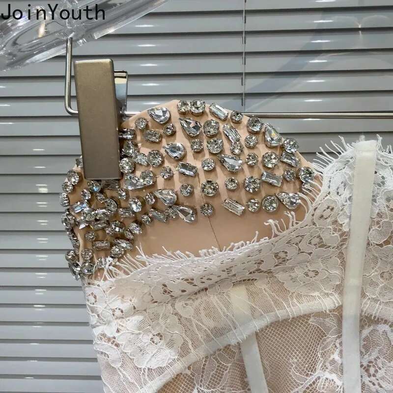 Fashion Tanks Women Heavy Diamond Slim Waist Tees Patchwork Lace Bandage Sexy Vest Crop Tops Backless Y2k Camis 2025 Ropa Mujer