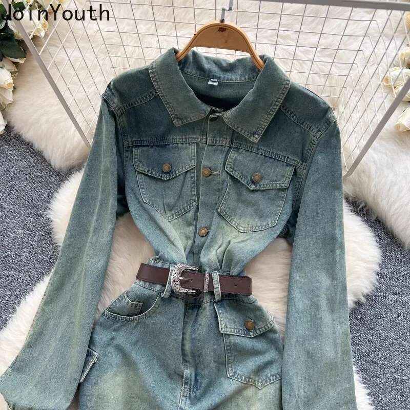 Denim Dresses Women Clothing Slim Waist Long Sleeve Casual Robe Femme 2025 Vestidos De Mujer Fashion Korean Bodycon Y2k Dress