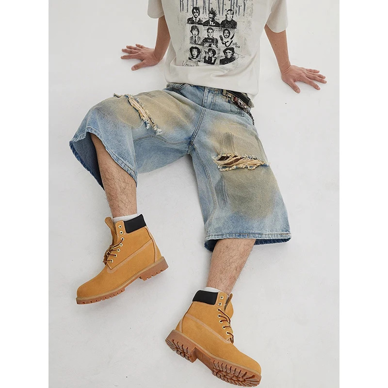 Mens Ripped Denim Shorts Vintage Y2K Knee Length Jean Shorts Streetwear Korean Oversize Cowboy Short Pants 2000s Clothes Summer 250617