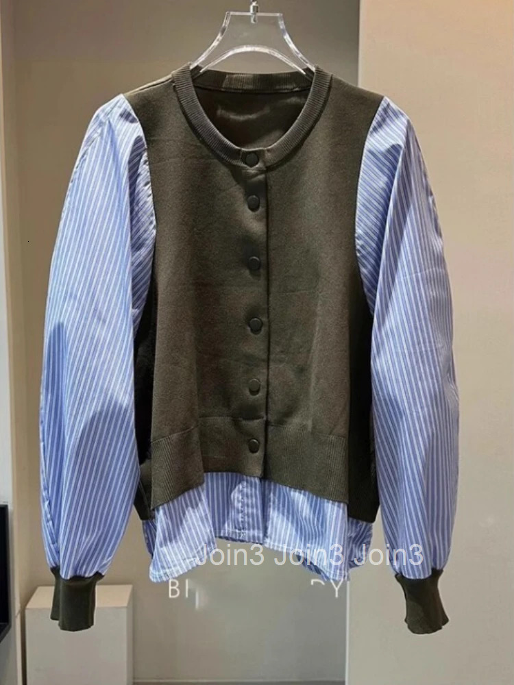 Fake Two Sueter Mujer Patchwork Striped Cardigan Womens O-neck Long Sleeve Pull Femme Contrast Color Casual Knit Sweater Tops
