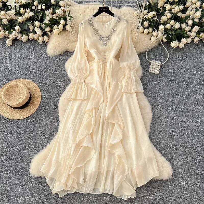 Korean Maxi Dress Women High Waist Vintage Vestidos De Mujer Elegant Heavy Diamonds Dresses V Neck Slim Waist Ruffles Robe Femme