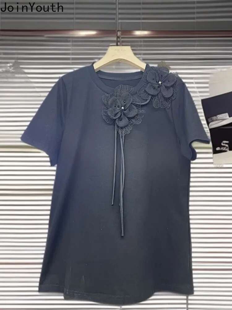 White Shirts for Women Summer T Shirts Heavy Diamond Floral Casual Tees Short Sleeve O-neck Camisetas Y2k Tops 2025 Ropa Mujer