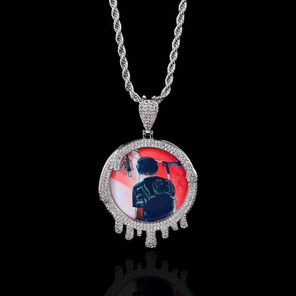 New Hip-Hop Jewelry Round Water Drop Photo Frame Pendant Micro-Paved Zircon Personality Creative DIY Necklace d5bd