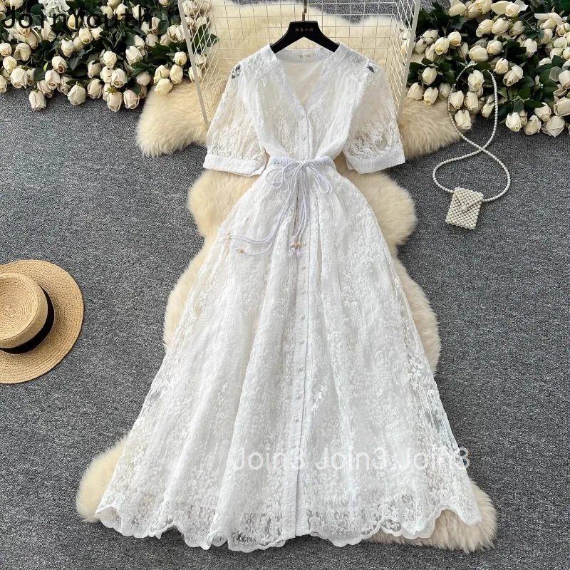 2025 Vestidos De Mujer Vintage Summer Dresses for Women Bandage Slim Waist Lace Robe Femme Chic Korean A-line Elegant Maxi Dress