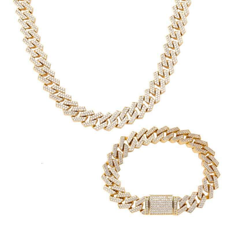Jin Ao Hip-Hop Men's Necklace 14MM Dia-Shaped Cuban Chain Inlaid with Zircon Personality Trend Full Dia Bracelet Jewelry