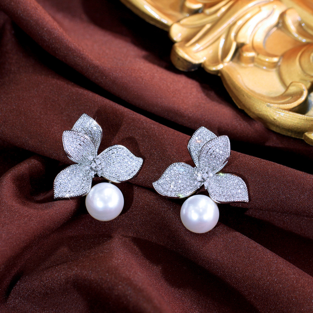 Choucong Ins Top Sell Luxury Jewelry 925 Sterling Silver Pave White Zircon Large Pearl CZ Diamond Party Stylish Women Wedding Flower Bridal Stud Earri