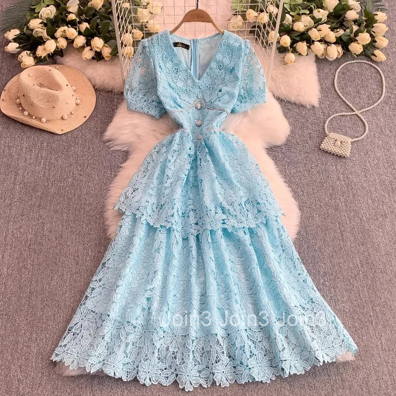 Elegant Dress Women Clothing Lace V-neck Short Sleeve Slim Waist Robe Femme 2025 Vestidos De Mujer A-line Vintage Summer Dresses