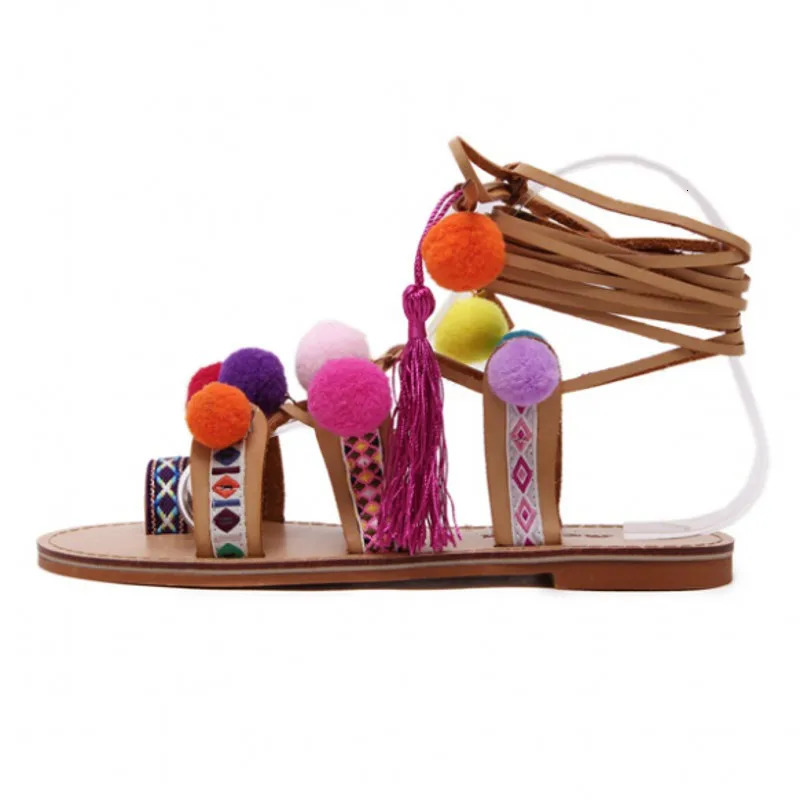 AIYKAZYSDL Ethnic Bohemia Summer Woman Pompon Sandals Gladiator Roman Strappy Knee High Boots Embroidered Tassel Shoes Flats 250617