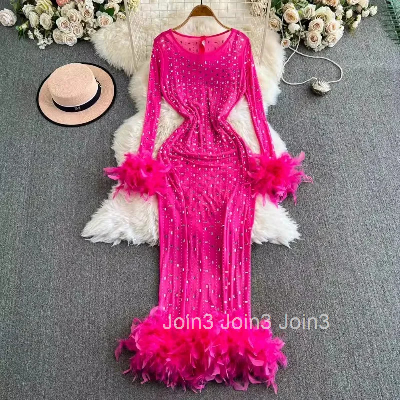 Maxi Dresses for Women O-neck Slim Waist Temperament Robe Femme Gauze Diamond Feather Sexy Party Dress 2025 Vestidos De Mujer