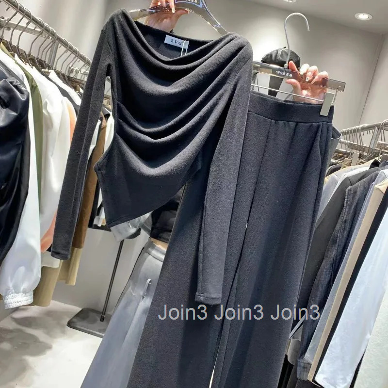 2025 Women Clothing Korean Two Piece Sets Slim Waist Irregular Tops High Waist Straight Wide Leg Pants Outfits Casual Chic Suit