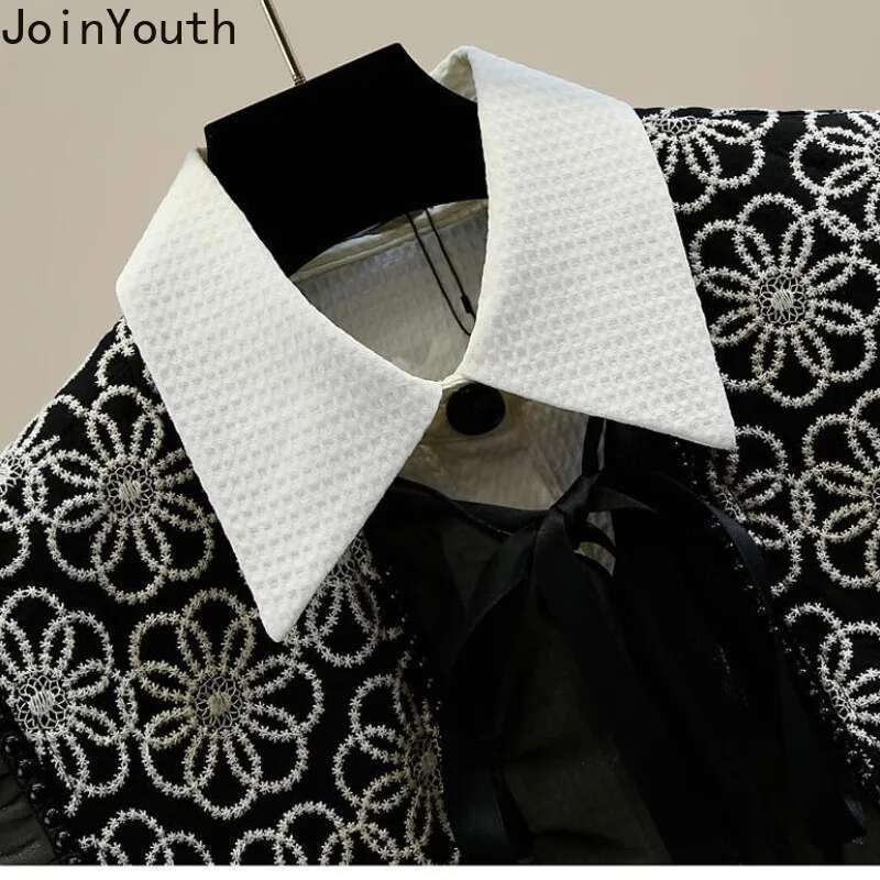Long Sleeve Women Blouse Fashion Korean Shirts Outfits Two Piece Sets Loose Summer Blouses Ruffles Heavy Embroidery Shawl Suit
