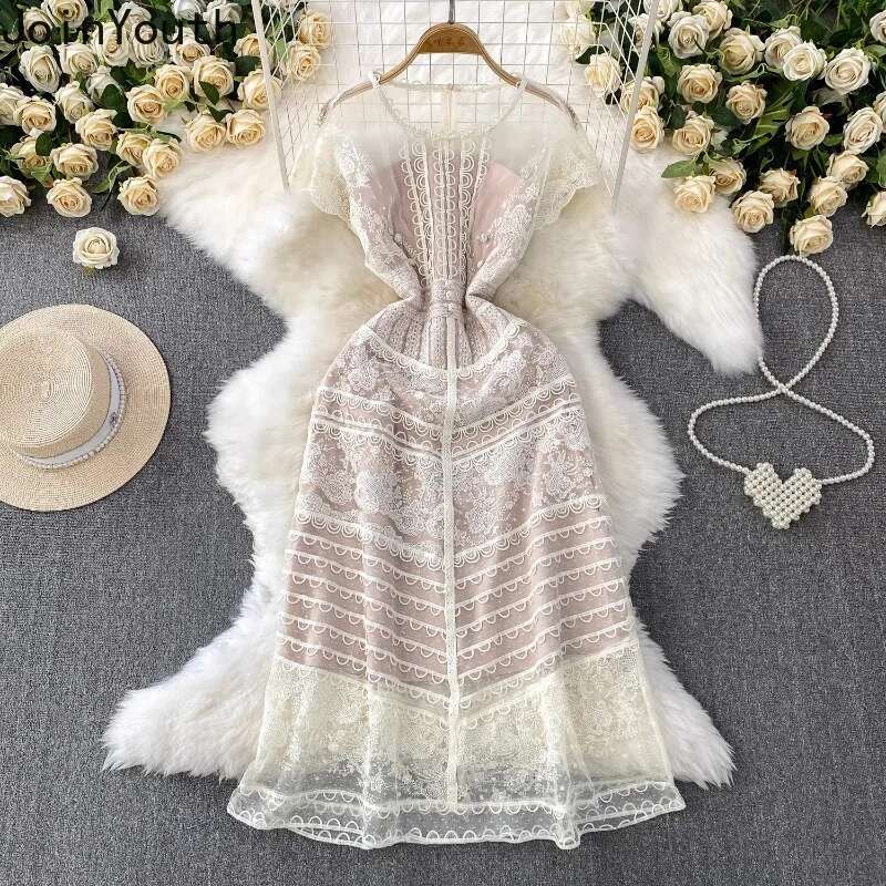 Temperament Robe Femme Elegant Dresses for Womens 2025 Vestidos De Mujer O-neck Short Sleeve Tunic Lace Emegant Summer Dress