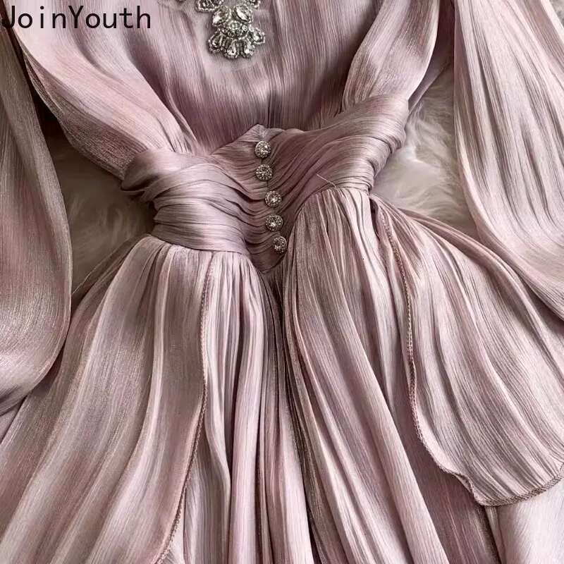 Temperament Robe Femme V-neck Flare Sleeve Dresses for Women 2025 Vestidos De Mujer Chic Diamond Ruffles Elegant Pleated Dress