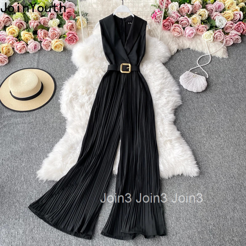 Korean Fashion Jumpsuit Women Clothes Temperament Solid Color Playsuit Slim Waist Pleated Flare Pants Bodysuit Summer Jump Suit