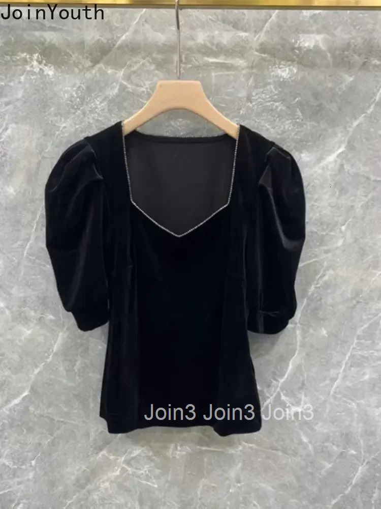 Blusas De Mujer 2025 Temperament Women Crop Tops Square Collar Puff Sleeve Velvet Shirts Diamond Black Tunic Summer Blouses
